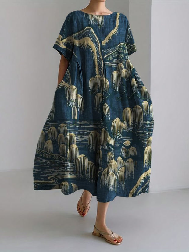 Willow Trees Mountains Landscape Japanese Art Linen Blend Maxi Dress