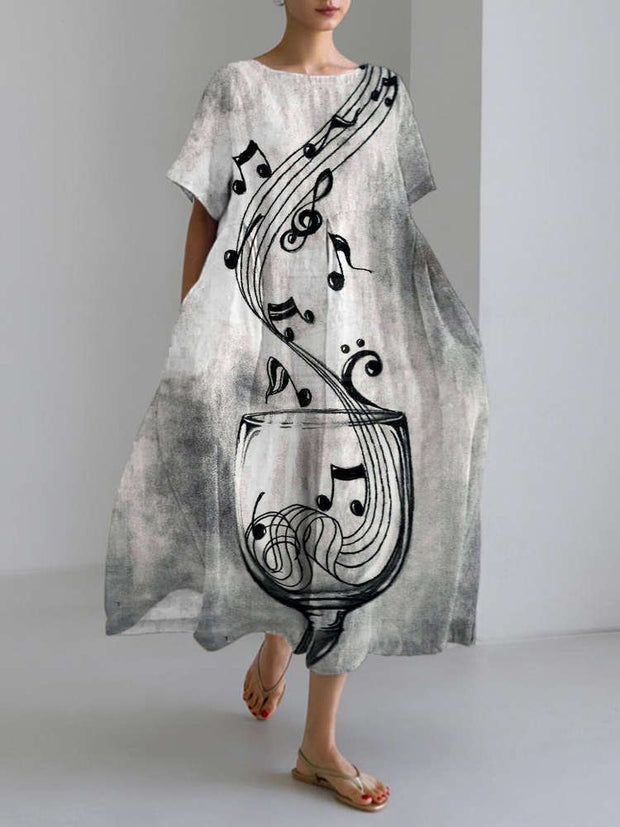 Wine Glass Music Print Linen Maxi Dress