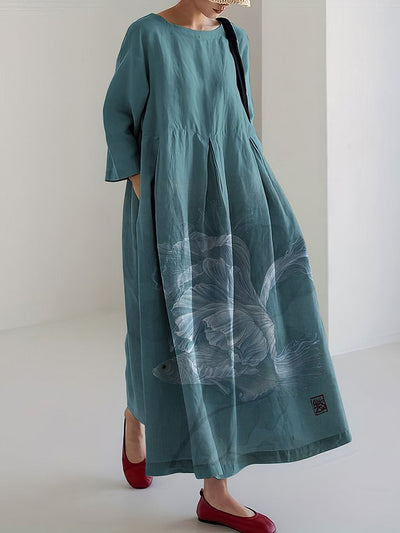 Women Fish Printed Linen Blend Maxi Dress