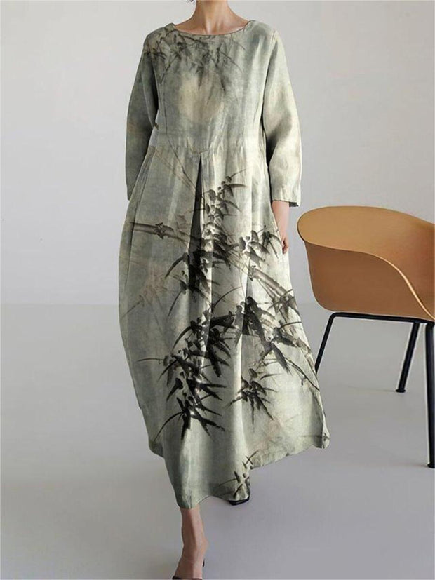 Women Japanese Art Bamboo Pattern Linen Blend Maxi Dress