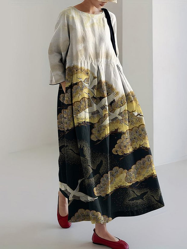 Women Japanese Art Crane Linen Blend Maxi Dress
