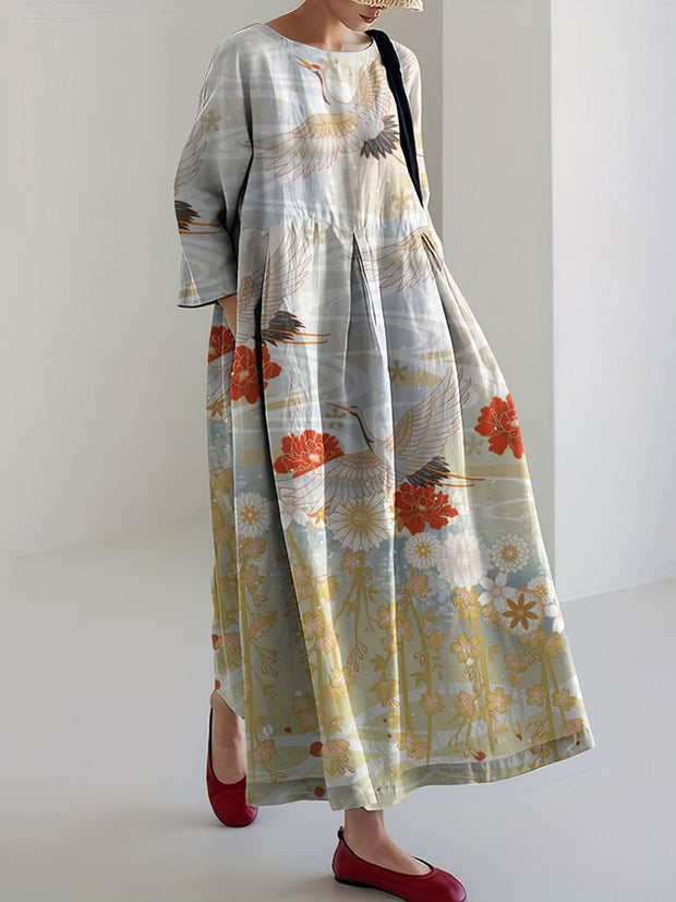 Women Japanese Art Crane Printed Casual Midi Dress