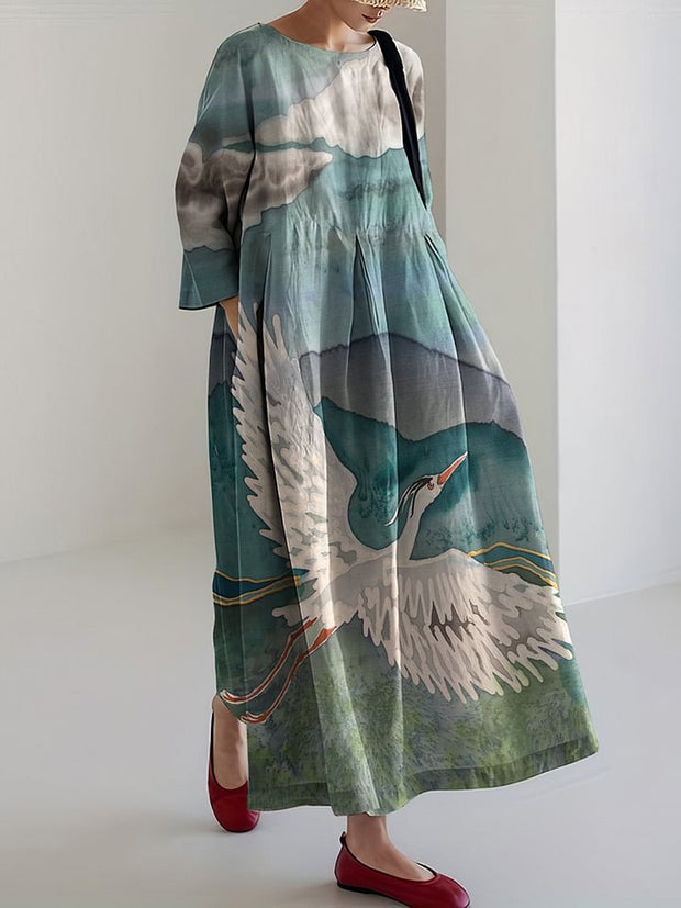 Women Japanese Art Crane Scenery Linen Blend Maxi Dress