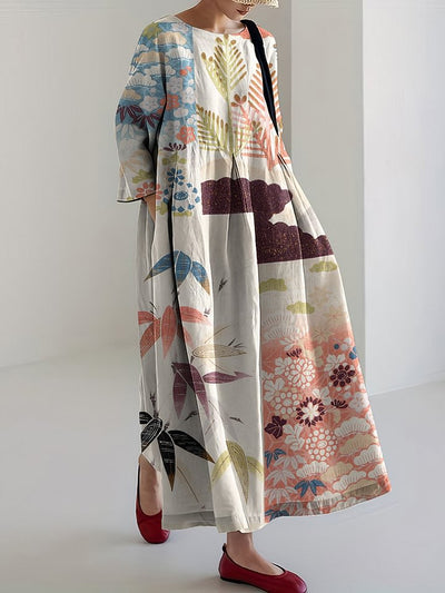 Women Japanese Art Flower Splicing Linen Blend Maxi Dress