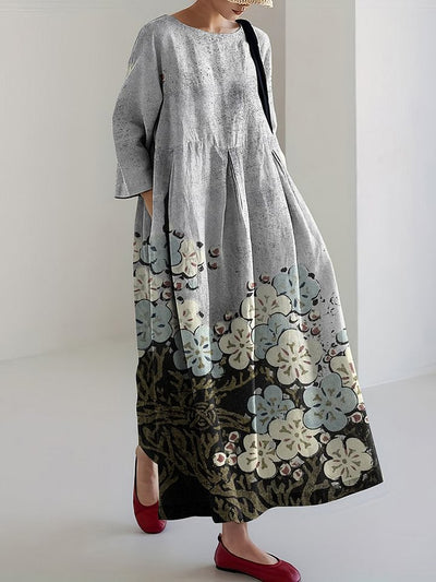Women Japanese Art Linen Blend Maxi Dress