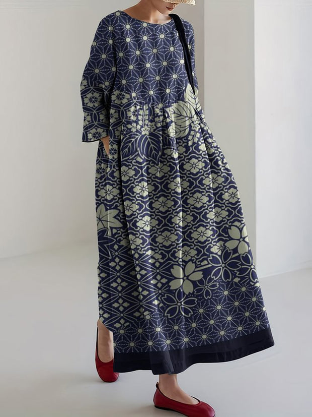 Women Japanese Art Plum Blossom Printed Casual Midi Dress