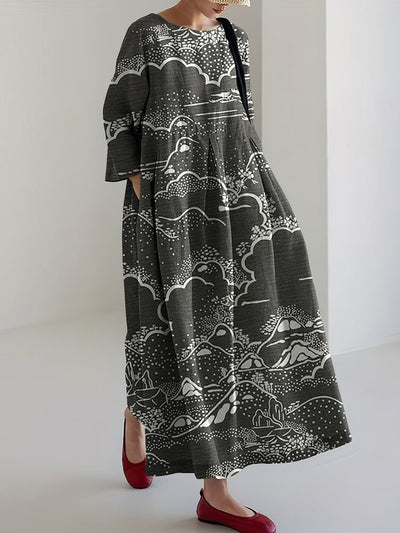 Women Japanese Landscape Art Linen Blend Long Sleeve Maxi Dress