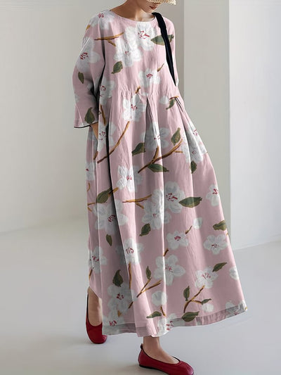 Women Pink Floral Art Printed Casual Midi Dress