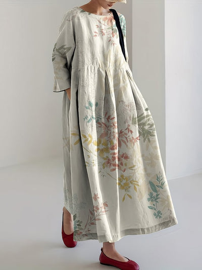 Women Vintage Floral Art Printed Casual Long Sleeve Midi Dress