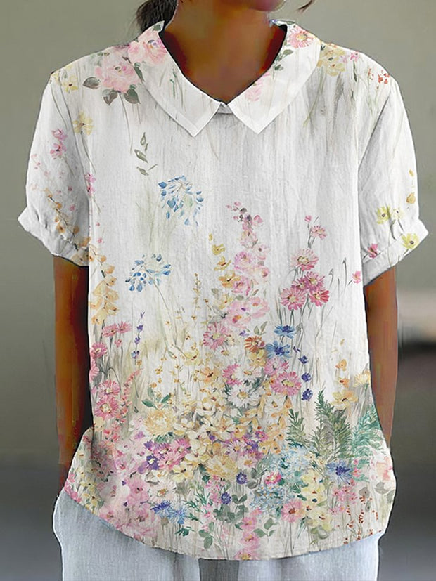 Women'S Flower Print Casual Cotton Linen Shirt