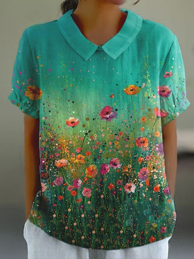 Women'S Oil Painting Floral Print Casual Shirt