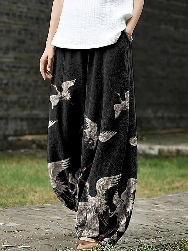 Women's Crane Art Ink And Wash Loose Casual Pants