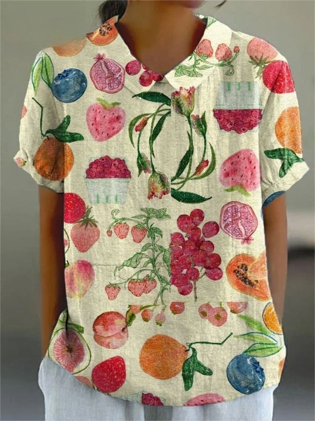 Women's Cute Fruit Print Casual Cotton Linen Shirt