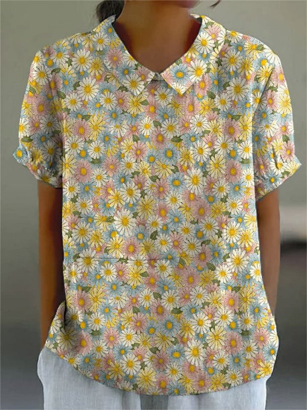 Women's Daisy Floral Art Print Casual Cotton And Linen Shirt