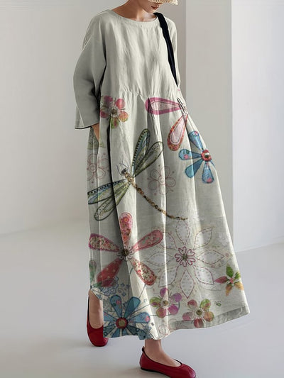 Women‘s Farm Dragonfly And Floral Linen Blend Maxi Dress