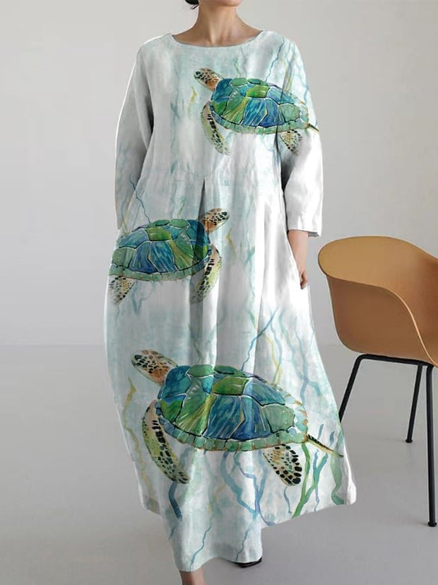 Women's Fashion Casual Ocean Turtle Print Loose Dress