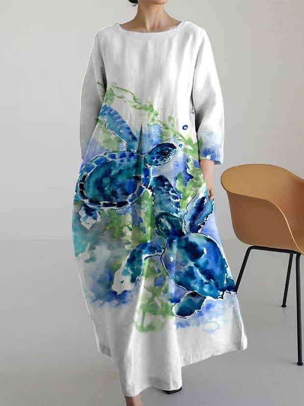 Women's Fashion Casual Ocean Turtle Print Loose Dress