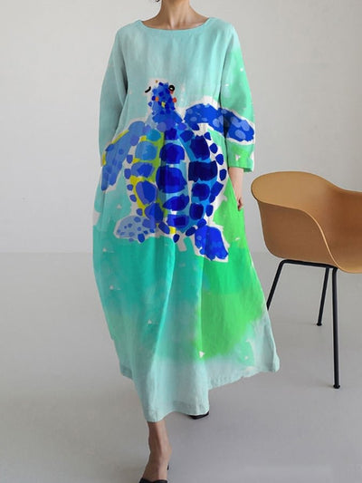 Women's Fashion Casual Ocean Turtle Print Loose Dress