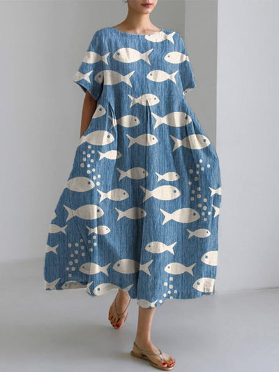 Women's Fish Print Linen Blend Casual Dress