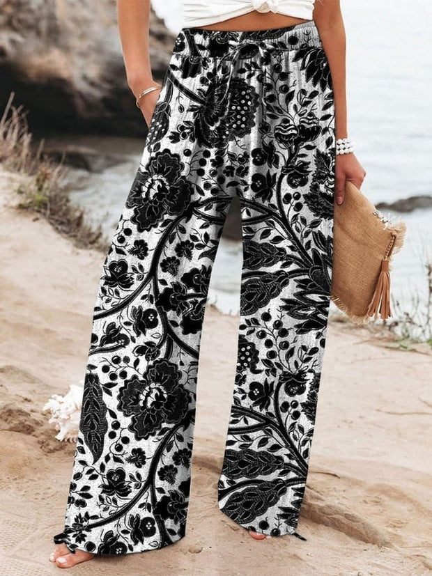 Women's  Floral  Art Printed Cotton And Linen Casual Pants