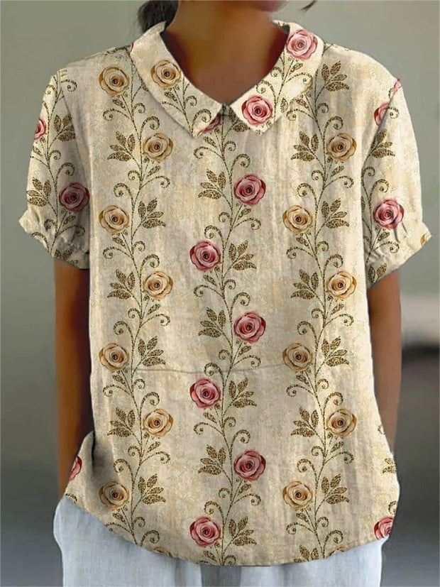 Women's Floral Print Casual Cotton And Linen Shirt