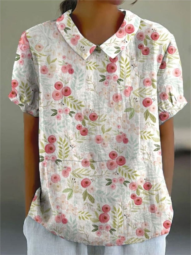 Women's Floral Print Casual Cotton And Linen Shirt