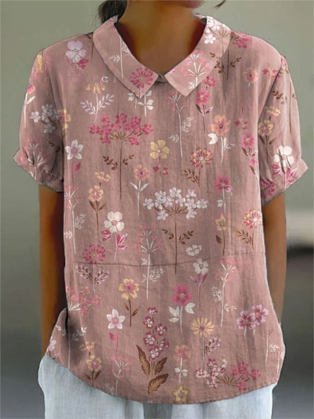 Women's Floral Print Casual Cotton And Linen Shirt