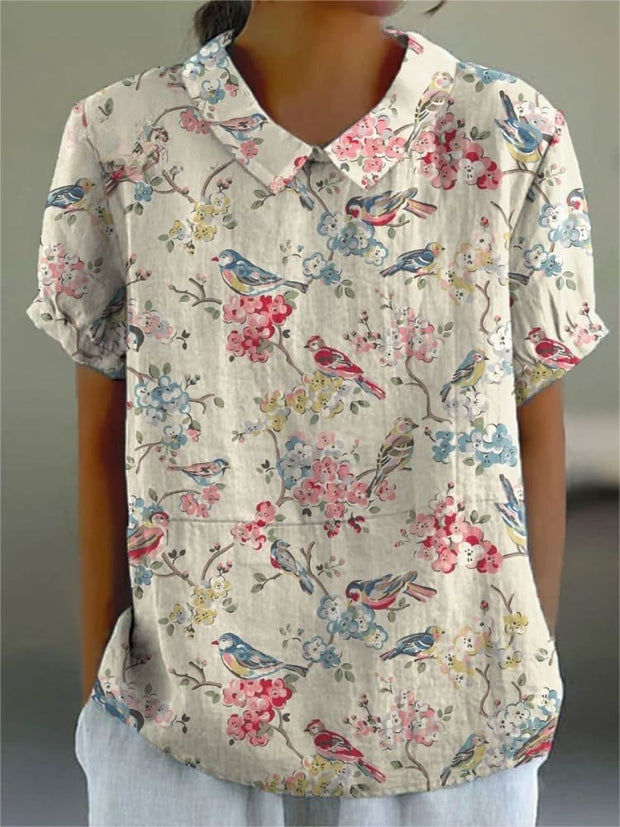 Women's Floral Print Casual Cotton And Linen Shirt