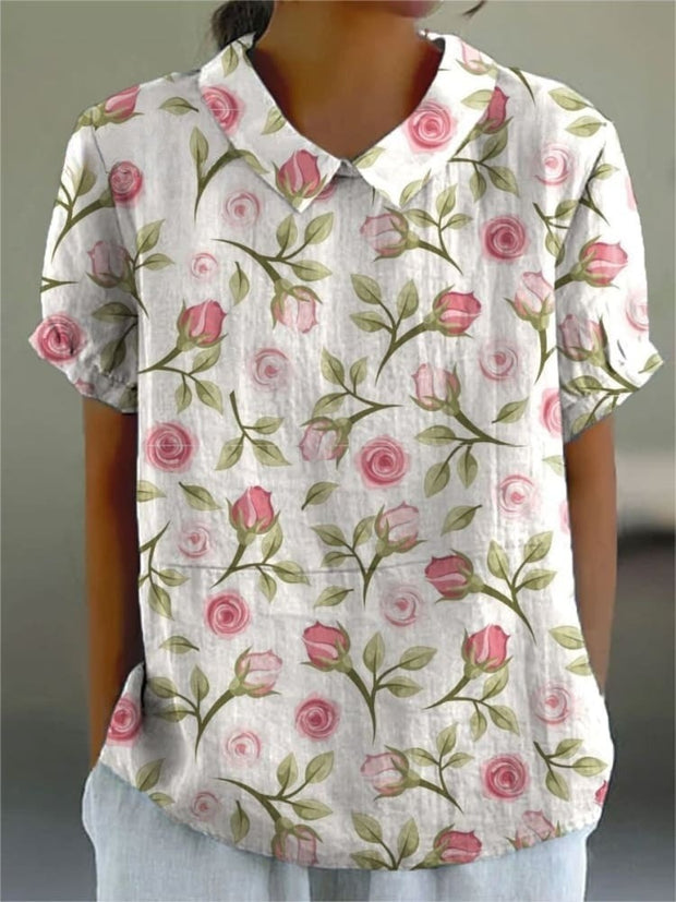 Women's Floral Print Casual Cotton And Linen Shirt