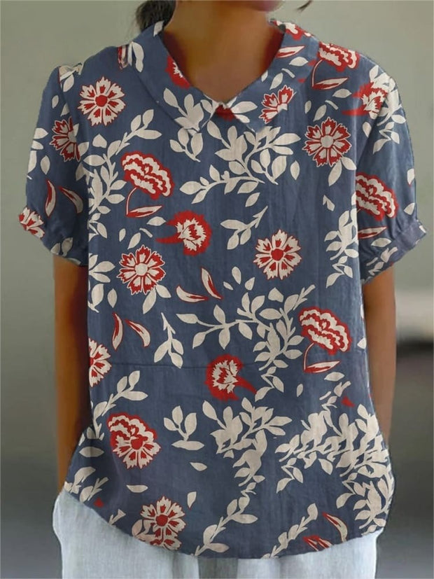 Women's Flower Art Print Casual Cotton And Linen Shirt