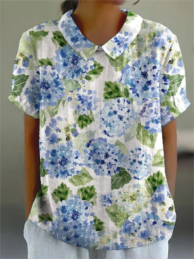 Women's Flower Art Print Casual Cotton And Linen Shirt