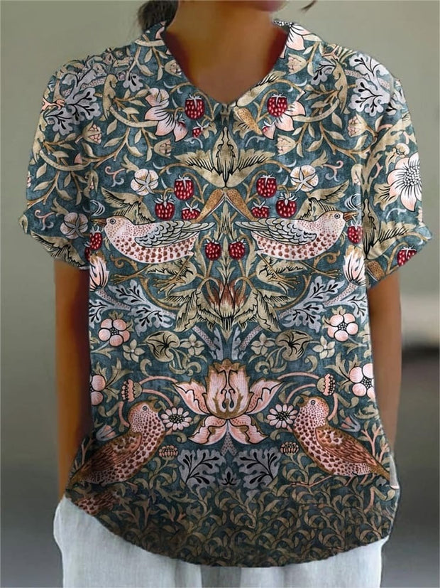 Women's Flower Art Print Casual Cotton And Linen Shirt