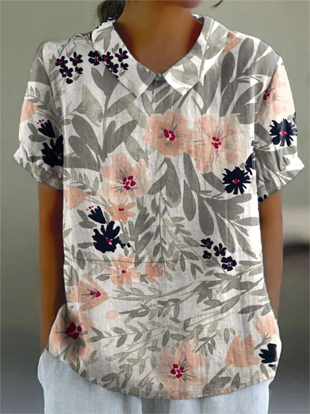 Women's Flower Art Print Casual Cotton And Linen Shirt