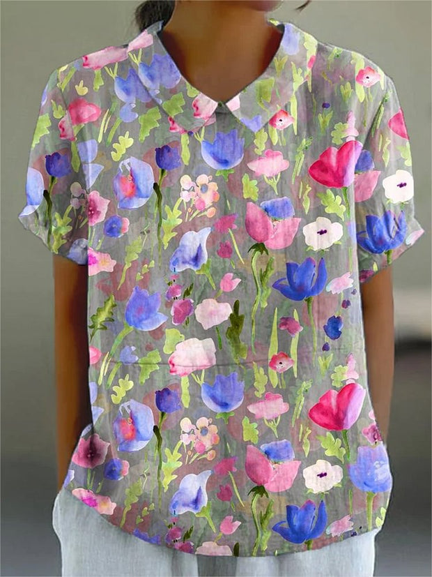 Women's Flower Art Print Casual Cotton And Linen Shirt