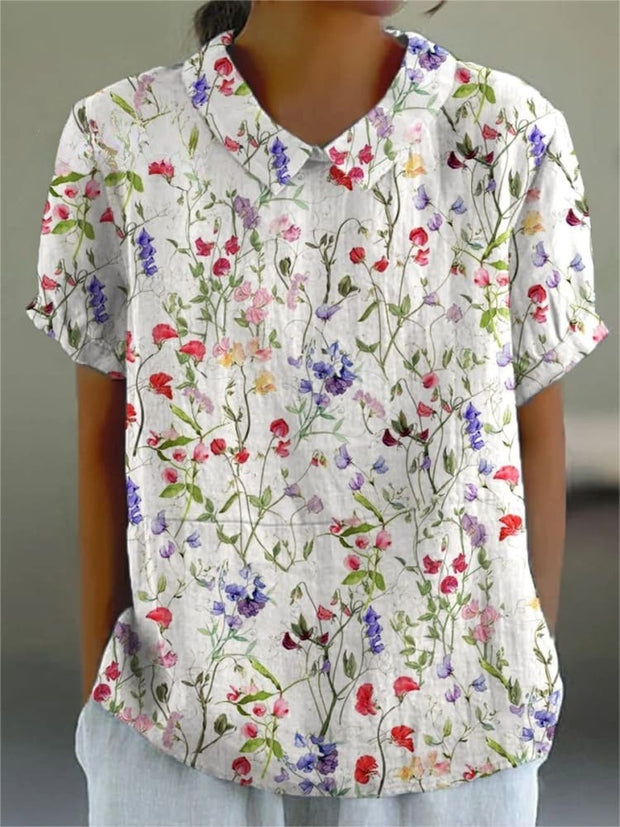 Women's Flower Art Print Casual Cotton And Linen Shirt