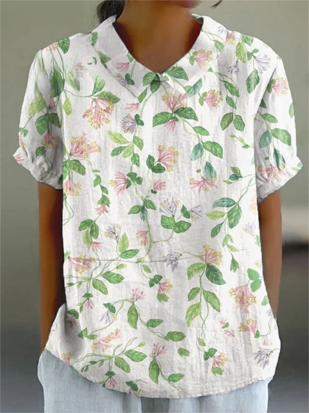 Women's Flower Art Print Casual Cotton And Linen Shirt