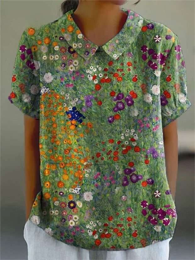 Women's Flower Art Print Casual Cotton And Linen Shirt