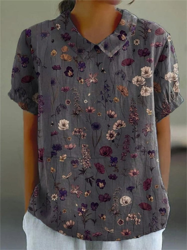 Women's Flower Art Print Casual Cotton And Linen Shirt