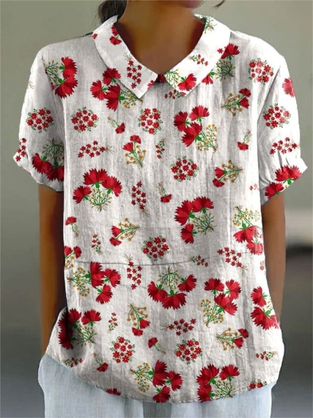 Women's Flower Print Casual Cotton And Linen Shirt