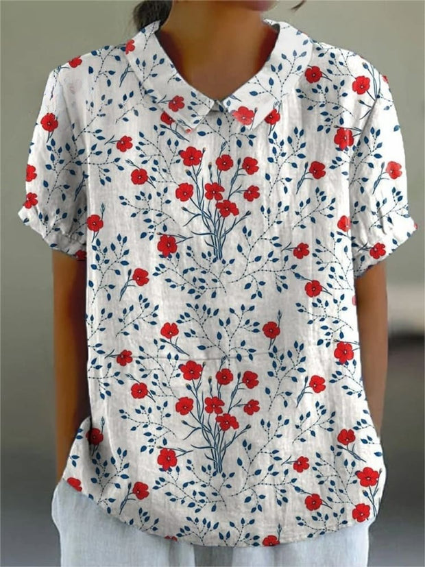 Women's Fresh Red Florets Print Casual Cotton And Linen Shirt