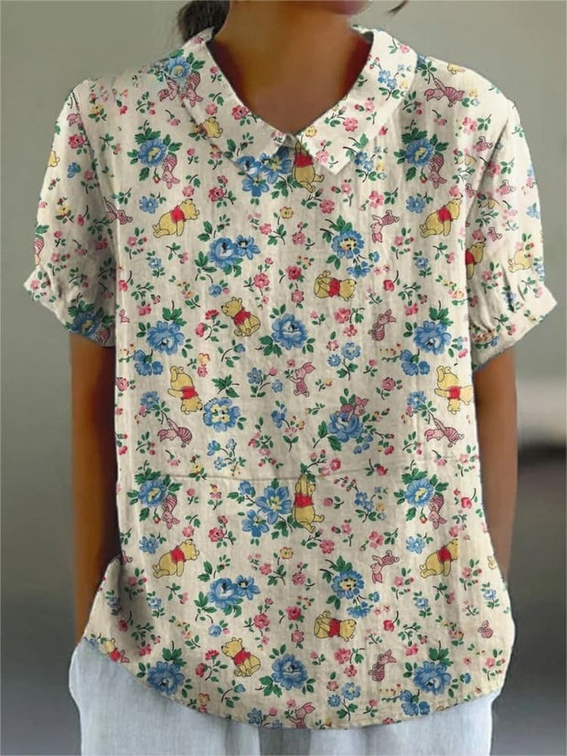 Women's Funny Bear Flower Art Print Casual Cotton And Linen Shirt