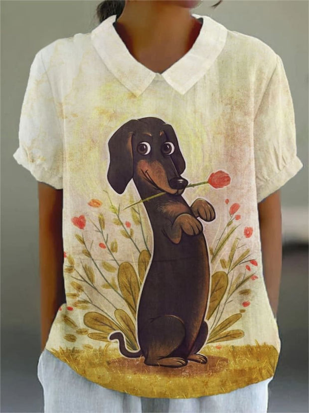 Women's Funny Dog Dachshund Flower Print Casual Cotton And Linen Shirt