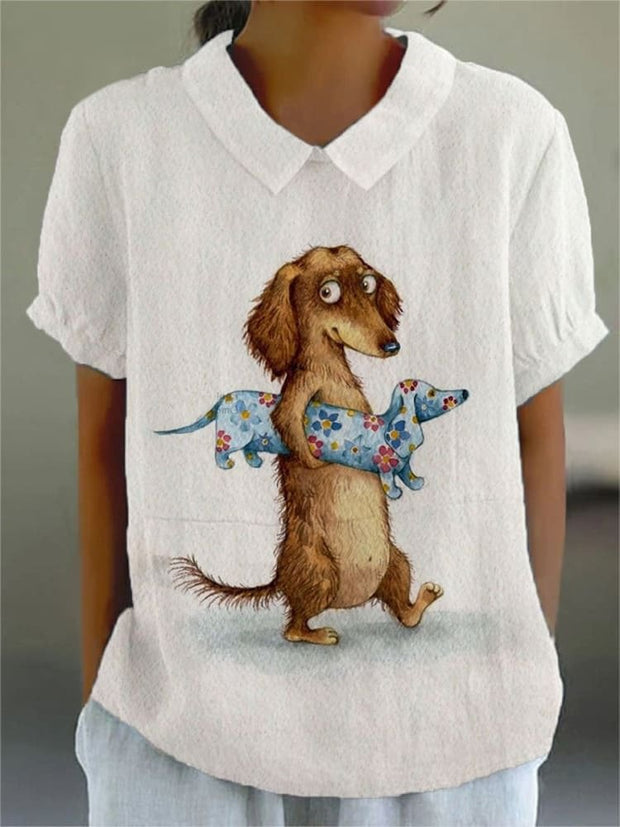 Women's Funny Dog Dachshund Print Casual Cotton And Linen Shirt