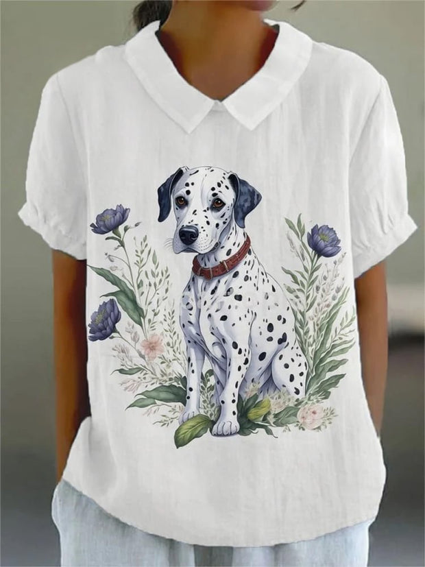 Women's Funny Dog Flower Print Casual Cotton And Linen Shirt