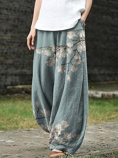 Women's Japanese Art Floral Pocket Loose Casual Pants