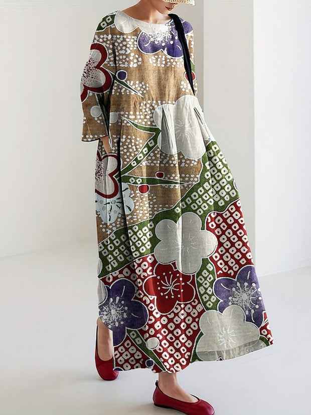 Women‘s Japanese Floral Patchwork Linen Blend Maxi Dress