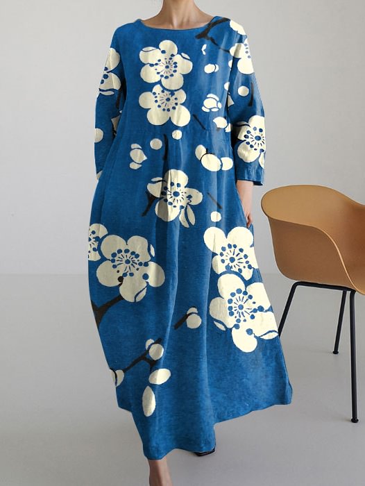 Women's Japanese Sakura Round Neck Long Sleeve Dress