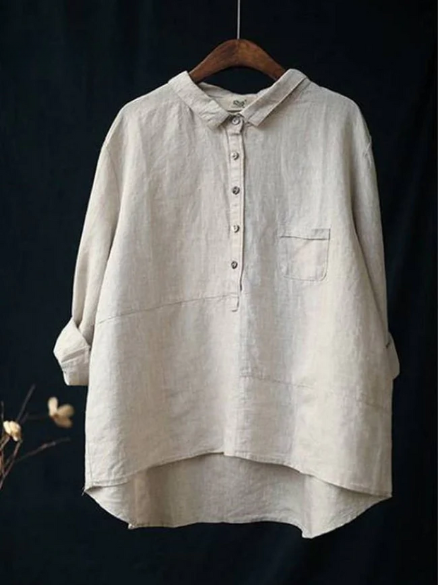 Women's Lapel Neck Casual Solid Colour Cotton And Linen Long Sleeve Shirt