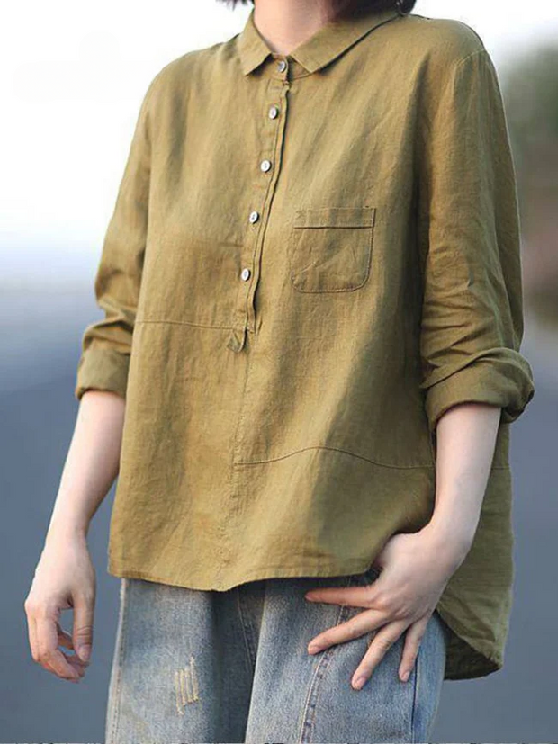 Women's Lapel Neck Casual Solid Colour Cotton And Linen Long Sleeve Shirt