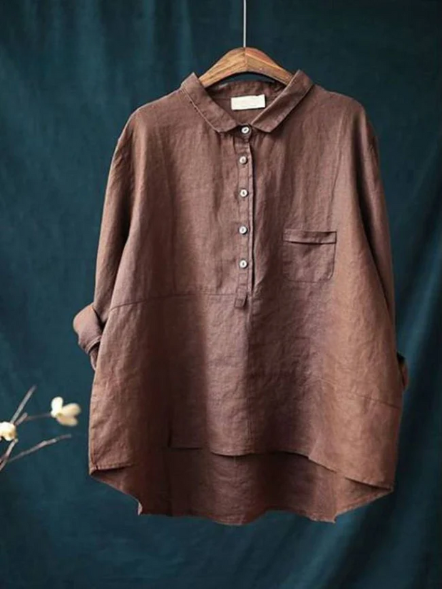 Women's Lapel Neck Casual Solid Colour Cotton And Linen Long Sleeve Shirt